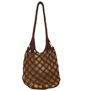 Vintage Straw Beach Bag Cream Brown‎ Webbed Macrame Jute Bucket Shoulder Bag